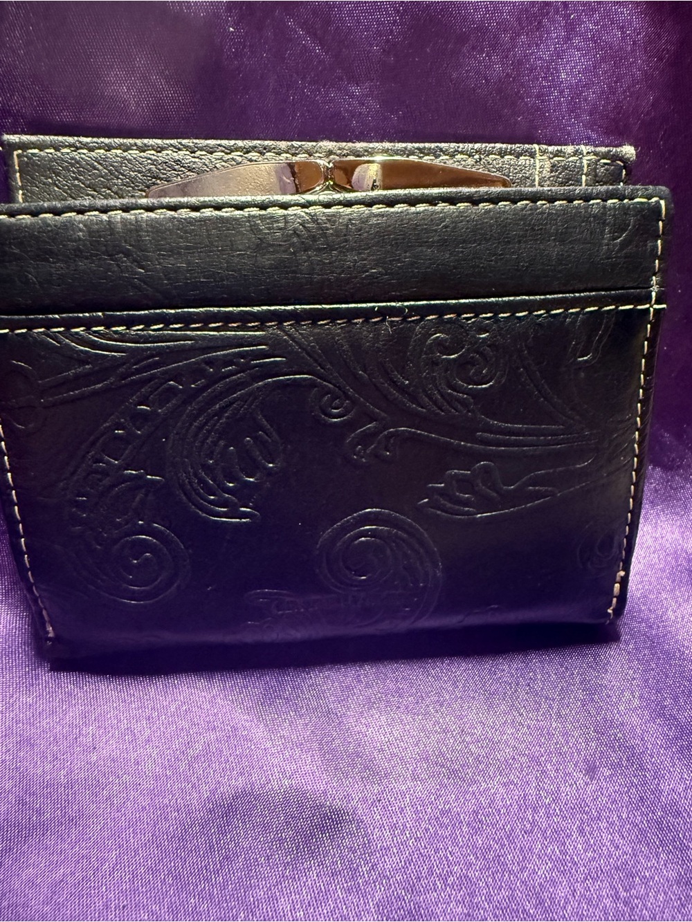 Genuine Leather Embossed Black Wallet with “kiss lock”, snap closure